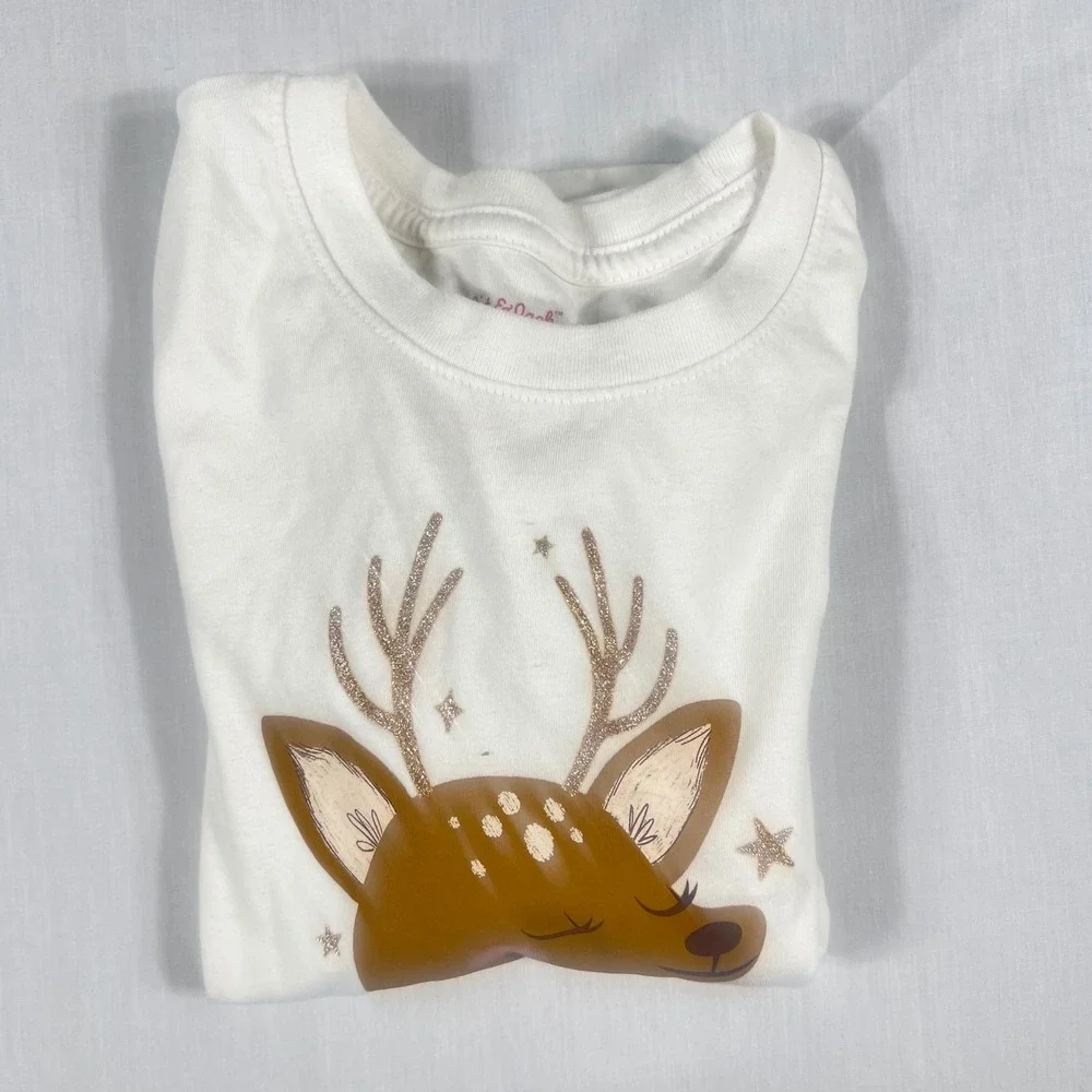 Cat & Jack Girls White Long Sleeve Deer Graphic Tee Shirt Size 5T Glitter Antler